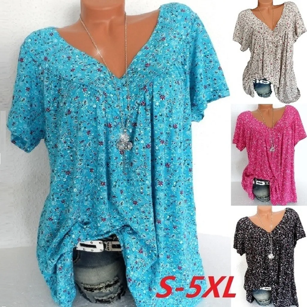 Women Blouses Plus Size Short Sleeves V-Neck PrinBlouse Women Blouse Pullover Tops blusa mujer blouse et chemisier femme#G