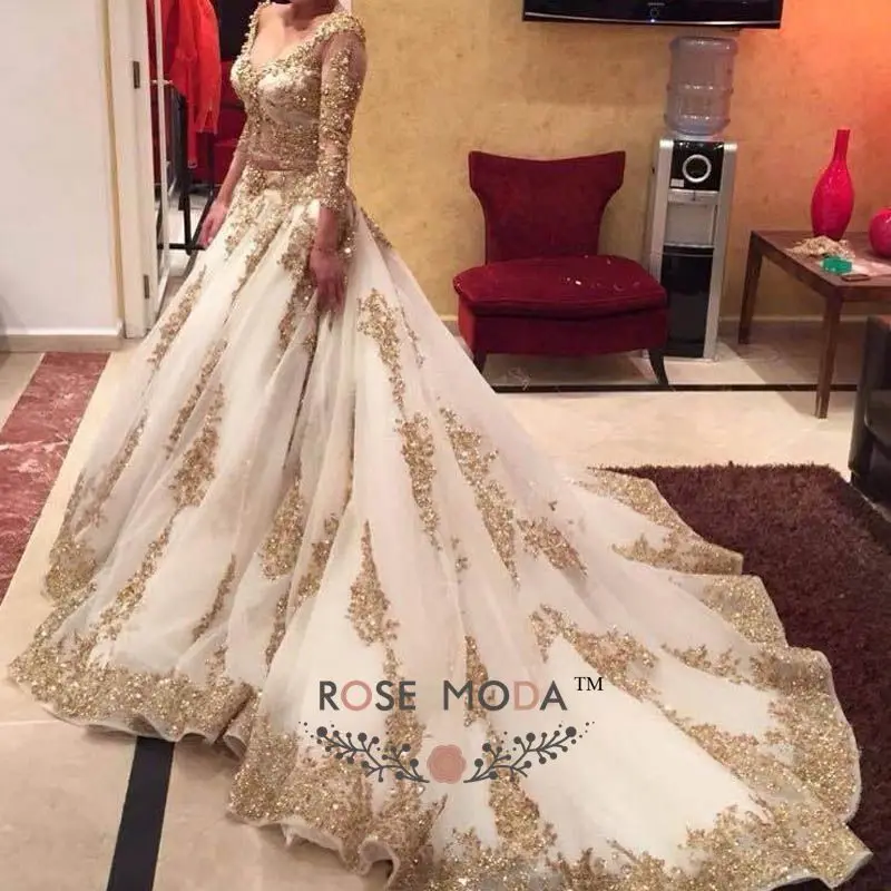 Deep V Neck 3/4 Sleeves White and Gold Two Pieces Wedding Dress Arabic 