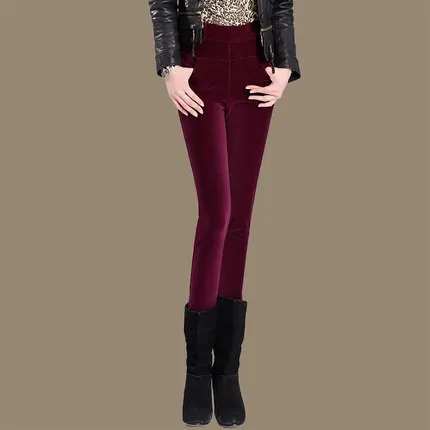 Зимние плотные бархатные женские Стрейчевые вельветовые брюки, женские теплые кашемировые брюки, эластичные узкие брюки-карандаши с высокой талией, 4XL 5XL - Цвет: Бургундия