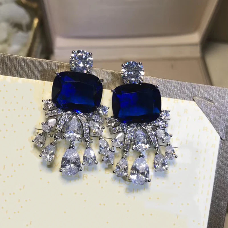 

Hot Brand Pure 925 Sterling Silver For Women Blue Green Stone Earrings Wedding Party Earrings Silver Jewelry Big Design Jewelry
