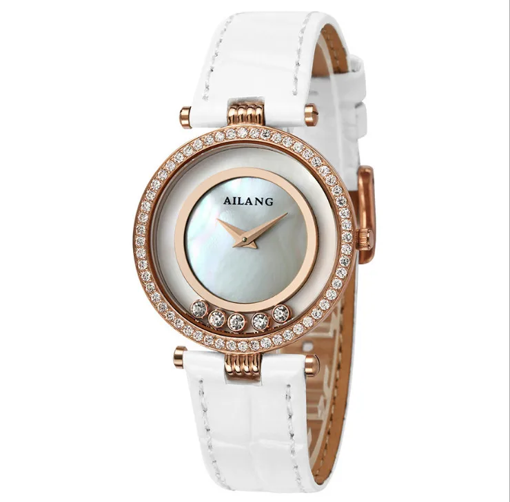 Бренд AILANG, женские милые движущиеся часы с кристаллами, кварцевые элегантные женские наручные часы с натуральным корпусом, яркие цвета, кожа, W047