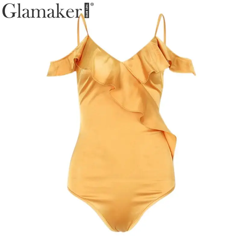 Женский облегающий боди Glamaker с открытыми плечами и оборками треугольным вырезом