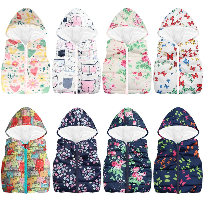 

2018 Autumn Winter Girl Vest Warm Baby Girl Clothes Printed Hooded Kids Waistcoat Children Clothing Vest Jacket Coat Kid Clothes