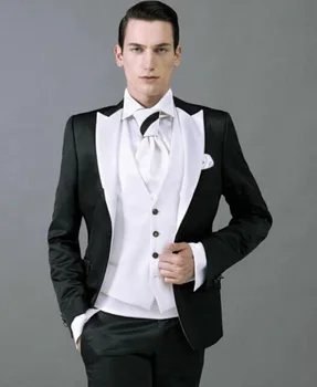 

New Design Big Peak Collar Black Groomsmen Suits Elegant Men Suits For Wedding 2017 Mens Prom Party Suits(Jacket+Pants+Vest+Tie)