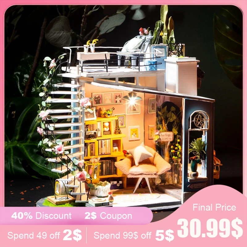 ROBOTIME Dollhouse DIY Kit Miniature Studio with Light DIY House Toy