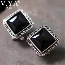 V.YA, натуральные серьги с черным камнем для женщин, женские серебряные серьги из настоящего 925 пробы, ювелирные изделия из полудрагоценных камней