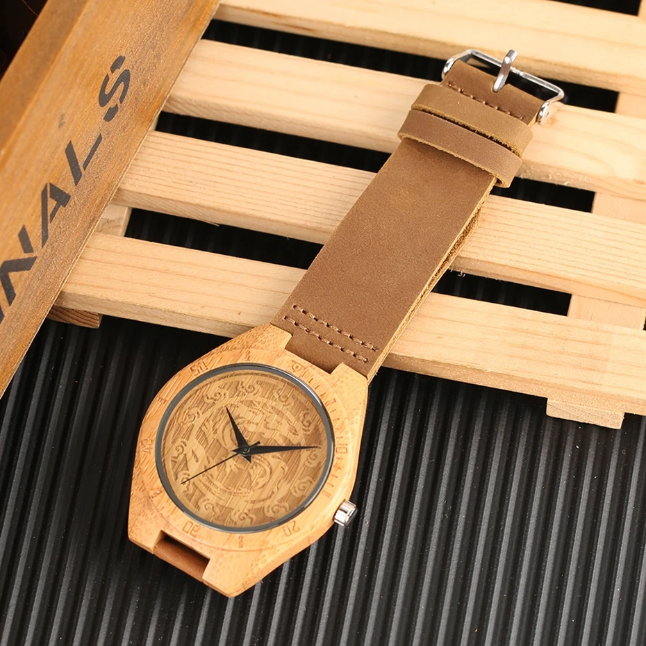 Creative Dragon Carving Wood Watch Men Simple Wooden Watches Analog Quartz Clock Male Genuine Leather WristWatch erkek kol saati (13)