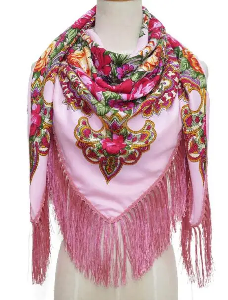 Женский русский цветочный принт, большие размеры, квадратный платок, одеяла, Свадебный шарф с кисточками, Ретро стиль, хлопковый платок, 135*135 см, 260 г