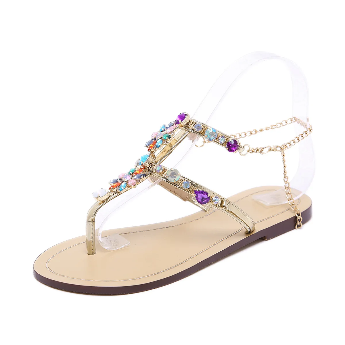 

New large size water diamond chain flat bottom Rome pinch women's sandals