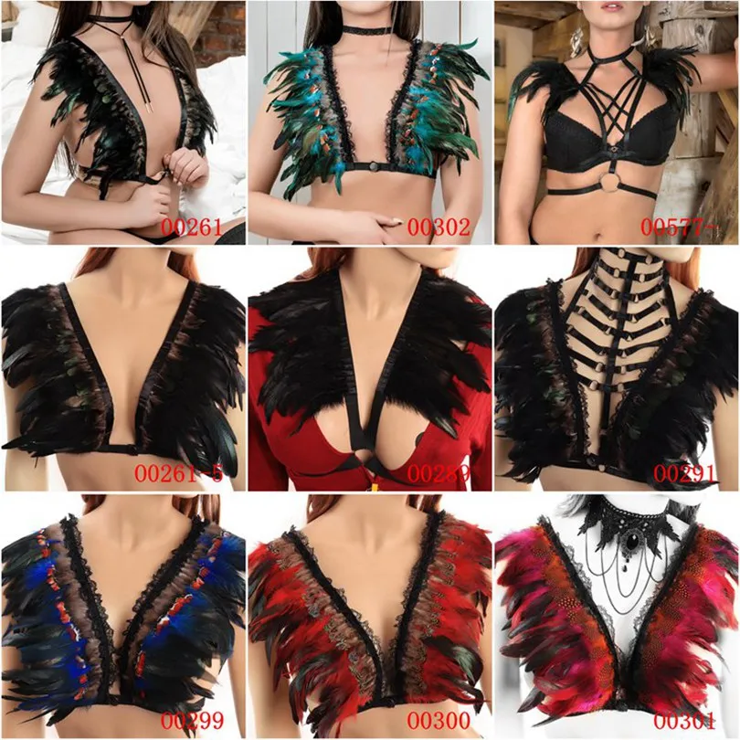 

Rave Wear Feathers Epaulette Cage Bra Womens Feathers Gothic Body Harness Belt Sexy Fetish Angel Wings Bondage Harness Lingerie