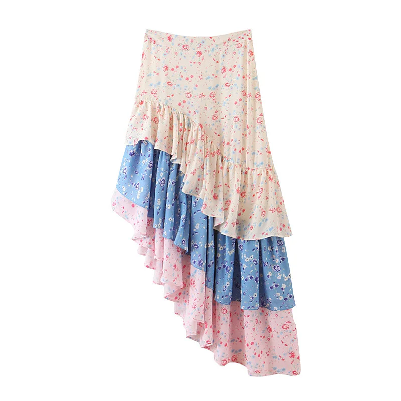 Каникулы женщин из двух частей милые наборы Лето Элегантный с цветочным принтом, шифоновые топ+ каскадные оборки миди стандартная юбка набор - Цвет: Skirt