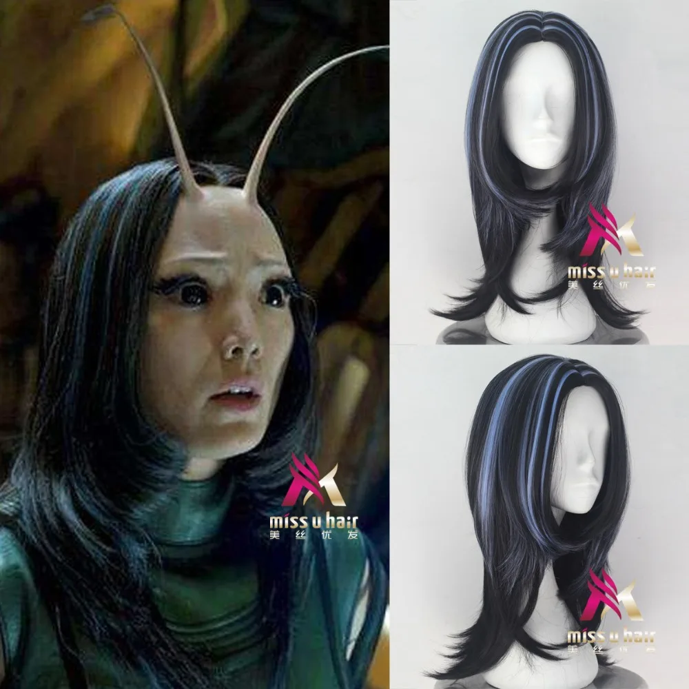 

Biamoxer Mantis Cosplay Wig Guardians of the Galaxy Vol. 2 Black Long Straight Black Mixed Blue Synthetic Hair for Adult