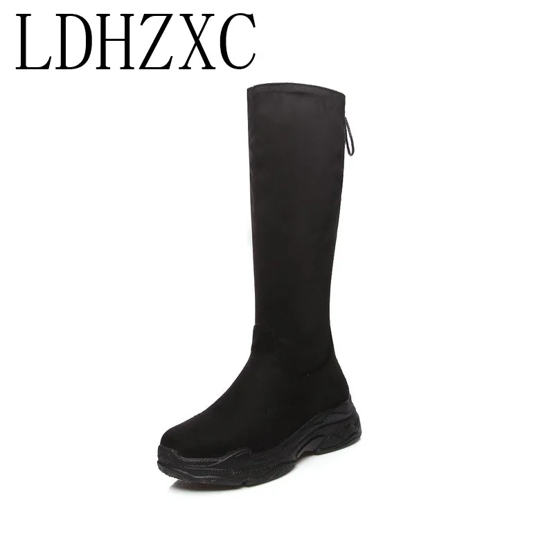

LDHZXC Elastic Slim Socks Women Boots Knee Boots Fashion Platform Round Toe Wedge Heel Sneakers Size 34-43