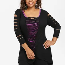 Wipalo размера плюс женская футболка осень весна измельчение рваная футболка и Топ три четверти рукав цвет блок футболка большой размер