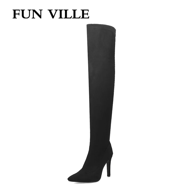 

FUN VILLE 2018 New Arrival women's over the knee boots High Heels Boots Suede High Boots Sexy Ladies shoes Round Toe Size 34-43
