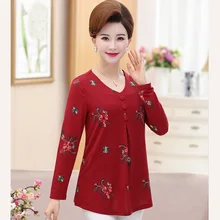 Среднего возраста и пожилых женщин футболка с длинными рукавами большие размеры свободные мать вышитые Круглый воротник футболка PXOS32BL2813