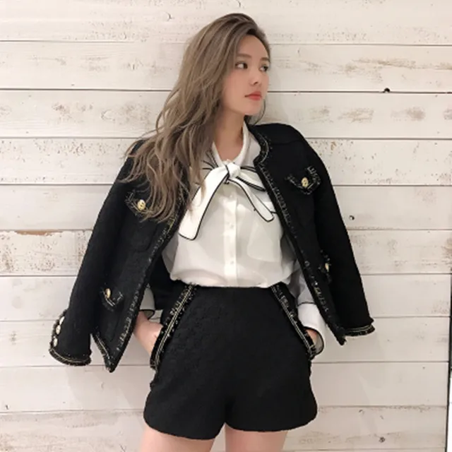 ZAWFL Noir/blanc tweed veste + Shorts costume perlée lourde 2019 automne/ hiver femmes
