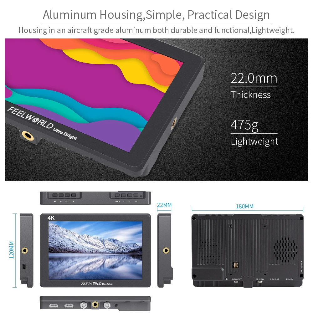  FEELWORLD P7 7 Inch Ultra Bright 2200nit on Camera Field DSLR Monitor Aluminum Housing 4K HDMI Vide