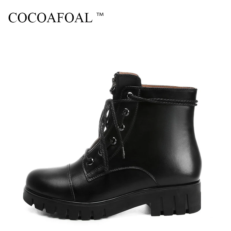 

COCOAFOAL Fashion Black Round Toe Flat Shoes Woman Genuine Leather Lace Up Martin Boots Plus Size 41 Winter Chelsea Ankle Boots