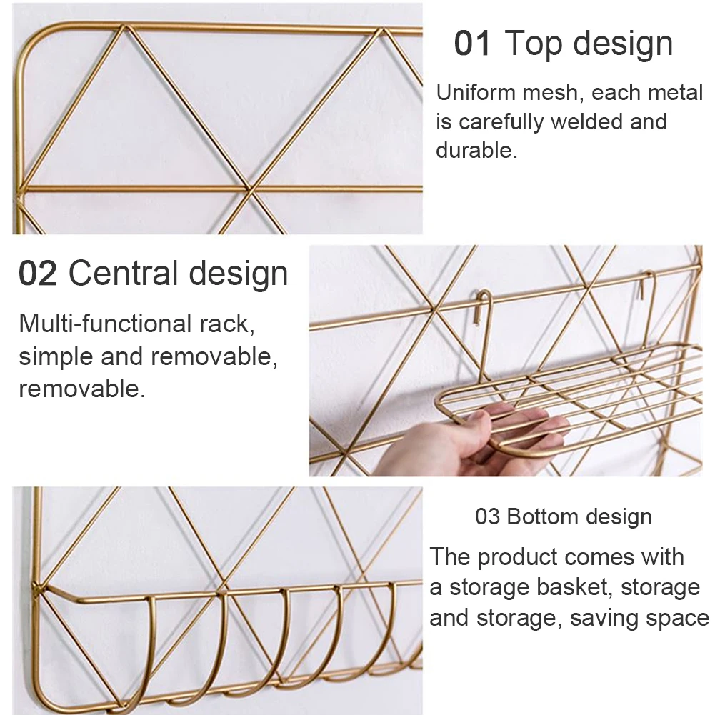 Золотая настенная декоративная полка подвесной стиль железная сетка фото настенная стойка для хранения простое спальное украшение для гостиной демонстрационная стойка