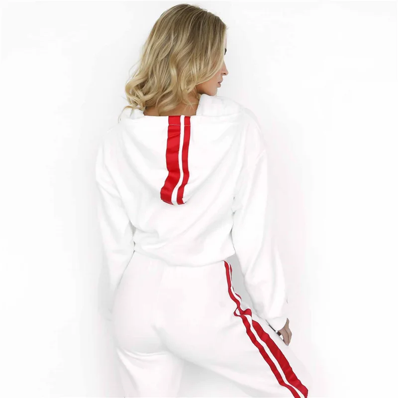 ZOGAA Женский комплект 2 шт. спортивный костюм Спортивная Повседневная белая красная спортивные штаны с капюшоном укороченная толстовка с капюшоном