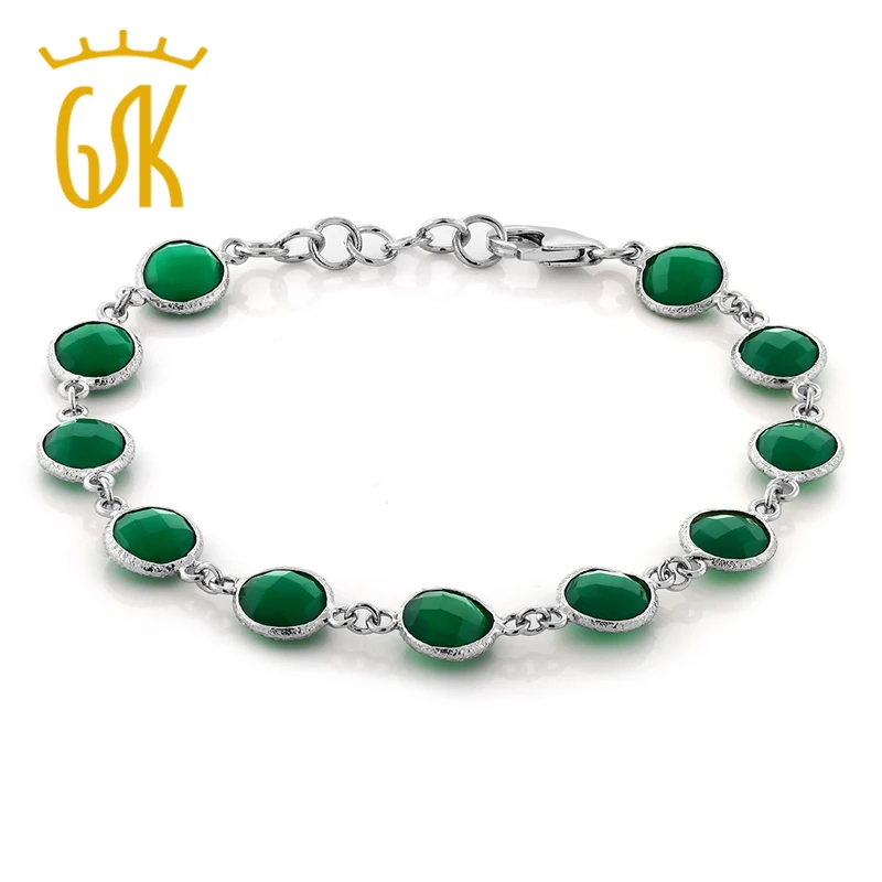 

GemStoneKing Real 925 Sterling Silver Bracelets For Women 25 Ct Checkerboard Round Green Onyx 7"Bracelet with 1"ext