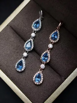 

natural blue topaz Pendant natural gemstone Elegant Lucky water drops bean pendant necklace S925 silver women party jewelery