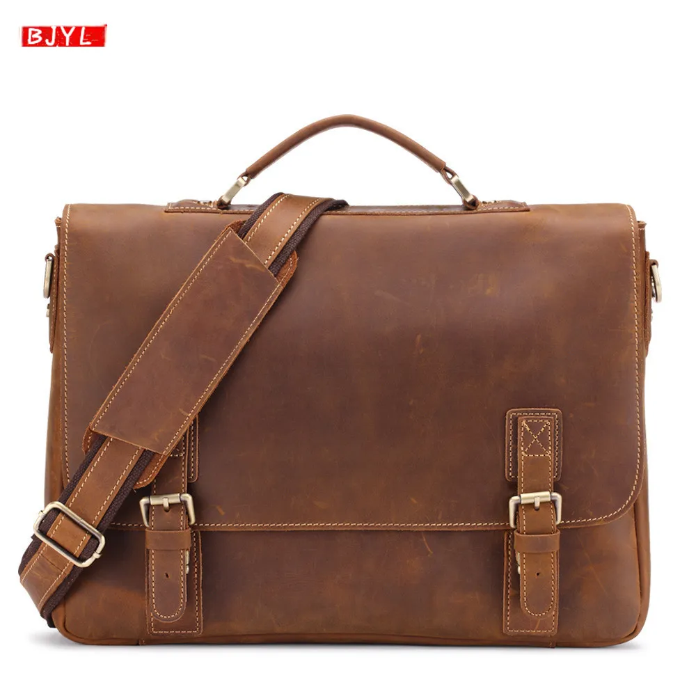 

2019 Retro crazy horse Leather men's briefcase first layer leather male handbags 14 inch laptop business shoulder crossbody bags