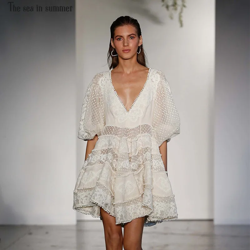 

The sea in summer Designer fashion Dress Women High Quality Sexy V-neck Puff Sleeve Embroidery Crochet Holiday Linen Dress