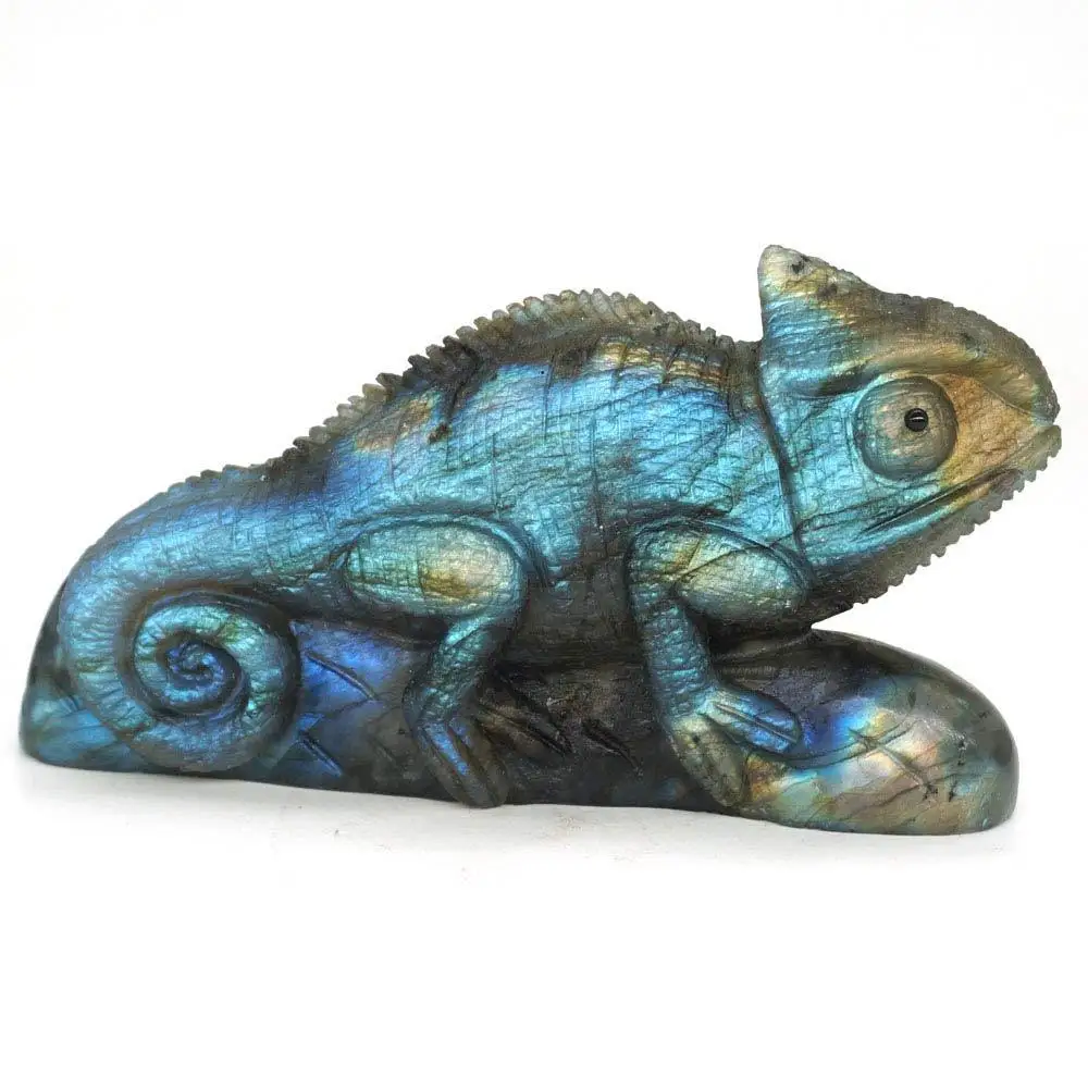 

Chameleon Natural Gemstone Labradorite Lizard Carved Animal Statue Decor 4.17