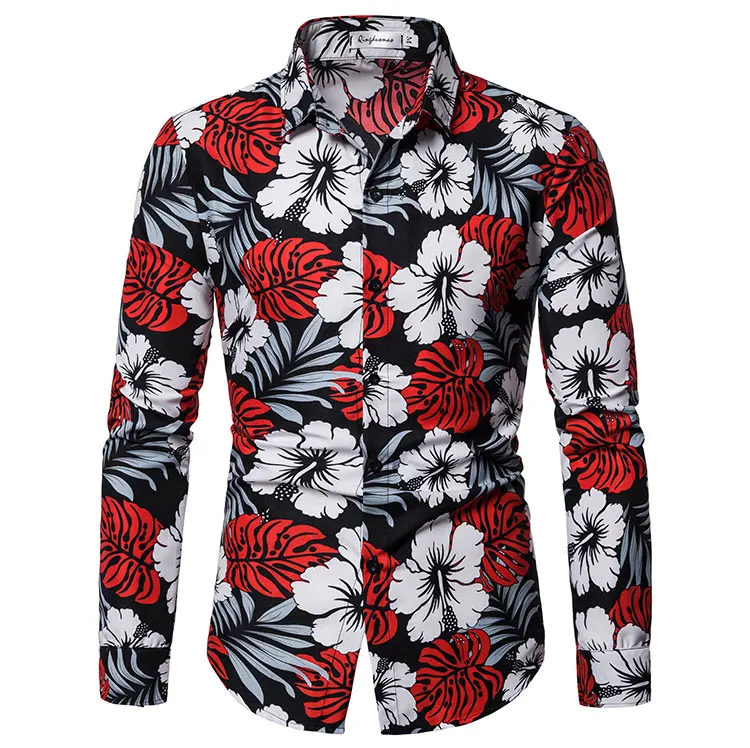 

2019 New Men'S Casual Long-Sleeved Flower Shirt Fashion Slim Men'S Shirt