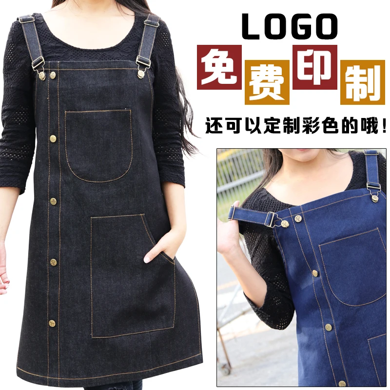 

Korean fashion kitchen denim aprons coffee shop creative drawing men and women overalls