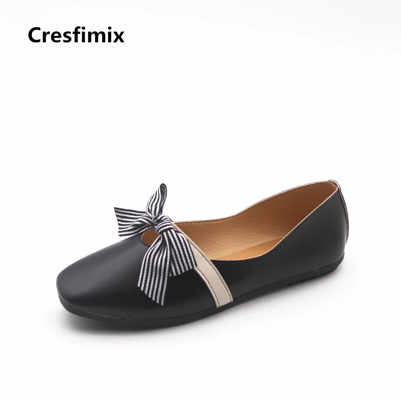 Cresfimix women fashion bow tie pu leather flat shoes lady cute comfortable black flats lady spring & summer cool shoes b856