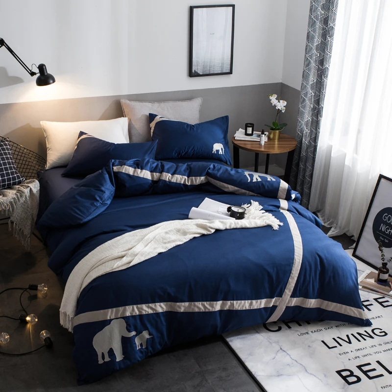 

Cute Blue+White Baby Elephant Pattern 3/4 Pcs Duvet Cover Flat Bed Sheets+Pillowcase King Queen Size Cotton Bedding Set Lovely