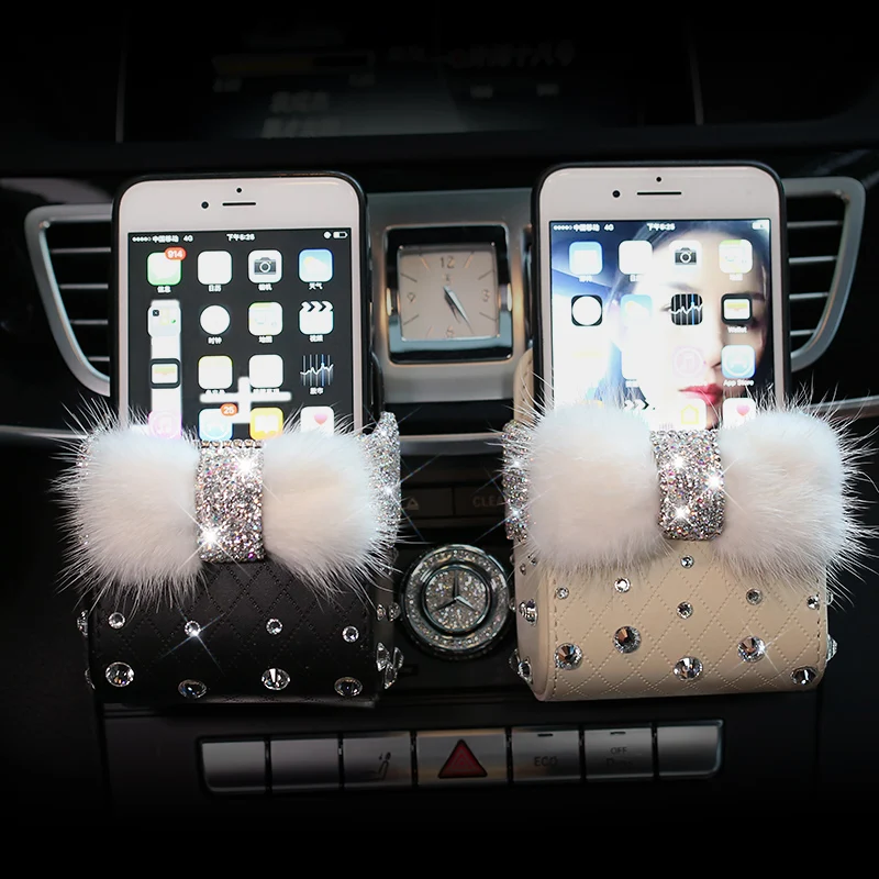 Leather Portable Car font b Storage b font Box Crystal Rhinestones Auto Outlet Air Vent Cosmetics