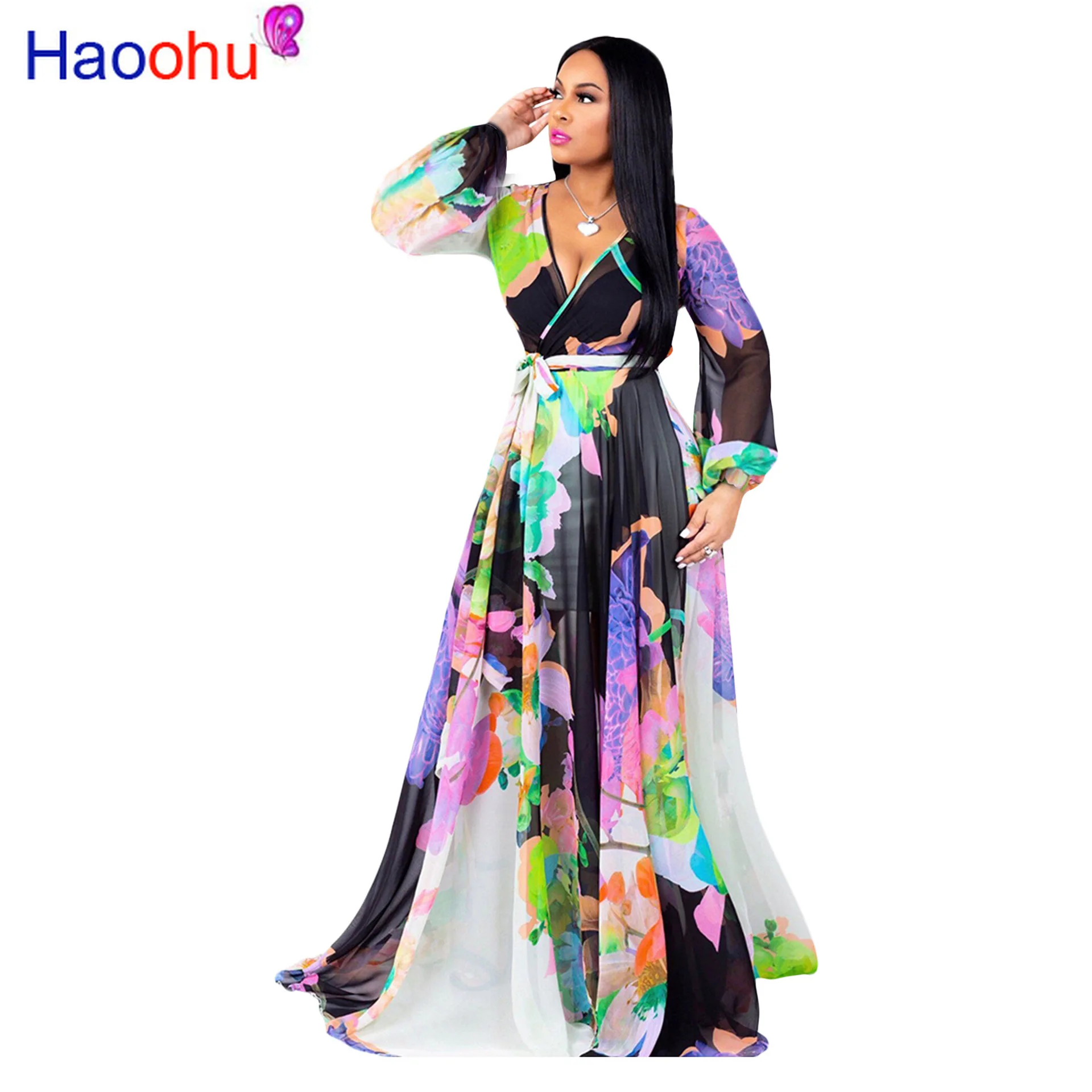HAOOHU 2019 летнее Женское Платье макси с цветочным принтом шифоновое платье в стиле