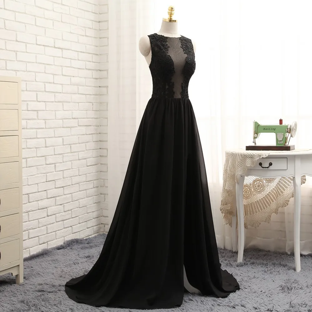 HVVLF See Through платья для выпускного вечера A-Line Черный шифоновые аппликационные Кружева сексуальное длинное выпускное платье Вечерние платья Вечернее платье