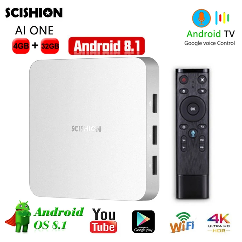 

scishion ai one android tv box RK3328 Quad-Core 4G DDR3 4GB 32GB Bluetooth 4.0 4k hd media player 2.4G WiFi digital set top box