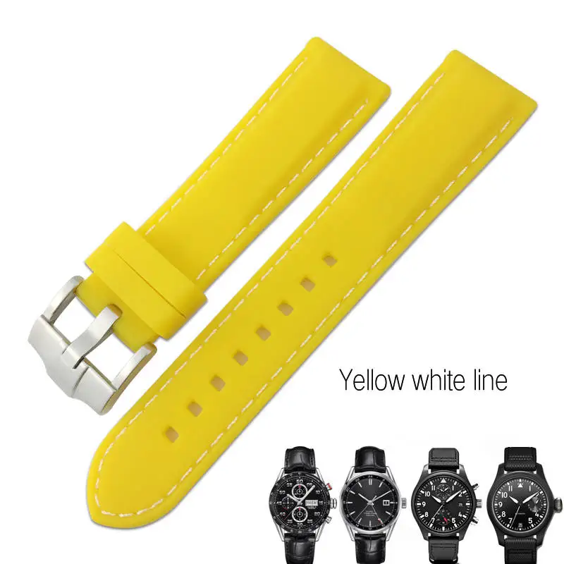 20 мм 21 мм 22 мм резиновые силиконовые часы ремешок водонепроницаемый игла Пряжка ремешок подходит для IWC Tag Heuer часы аксессуары - Цвет ремешка: yellow white line