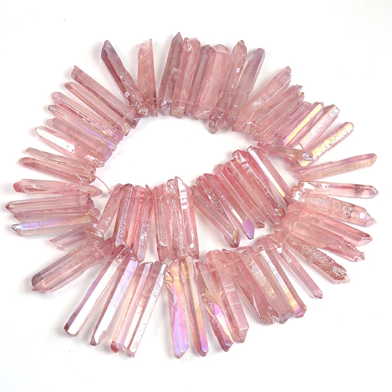 

Electroplated Drilled Strand Dyed Pink Raw Quartz Crystal Point Irregular Pendant Gradient Spike Gem Stone Beads Necklace