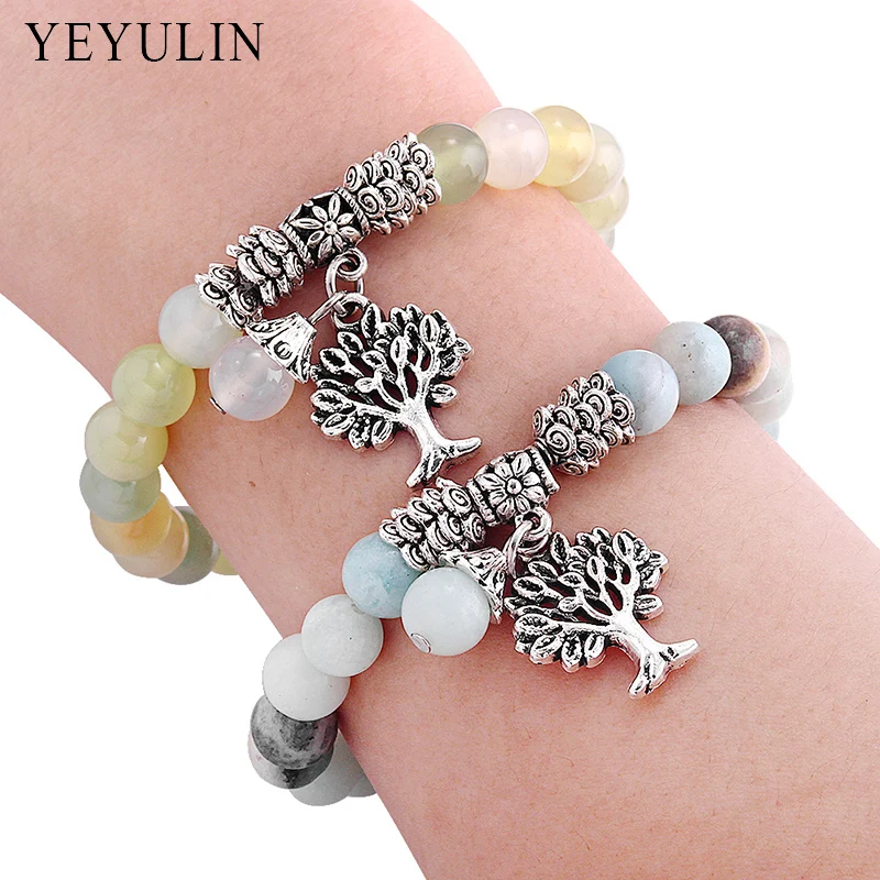 

New Silver Alloy Tree Of Life Charm Natural Colorful Stone Bead Bracelet Yoga Mala Prayer Rosary Bangle Jewelry For Woman