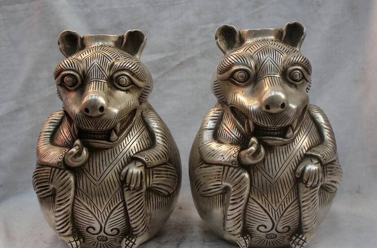 

JP S62 Marked China Chinese Palace Abstract Silver Wolf Beast Statue Vase Pot Jar Pair