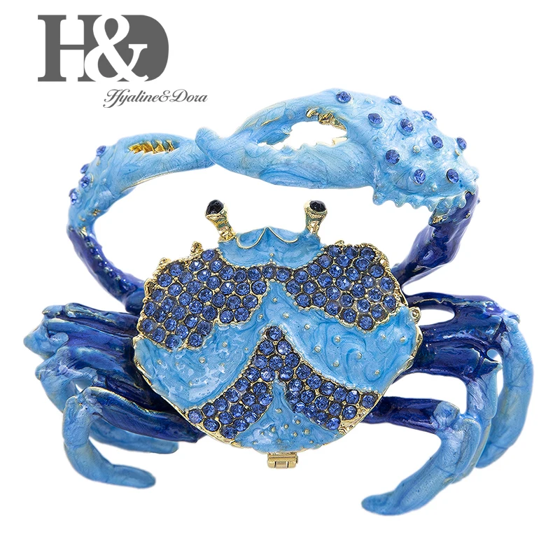 Goedkoop H   D Hand Geschilderd Geëmailleerd en Jeweled Krab Trinket Box Ring Houder Scharnierende Sieraden Collectible Beeldje met Geschenkdoos