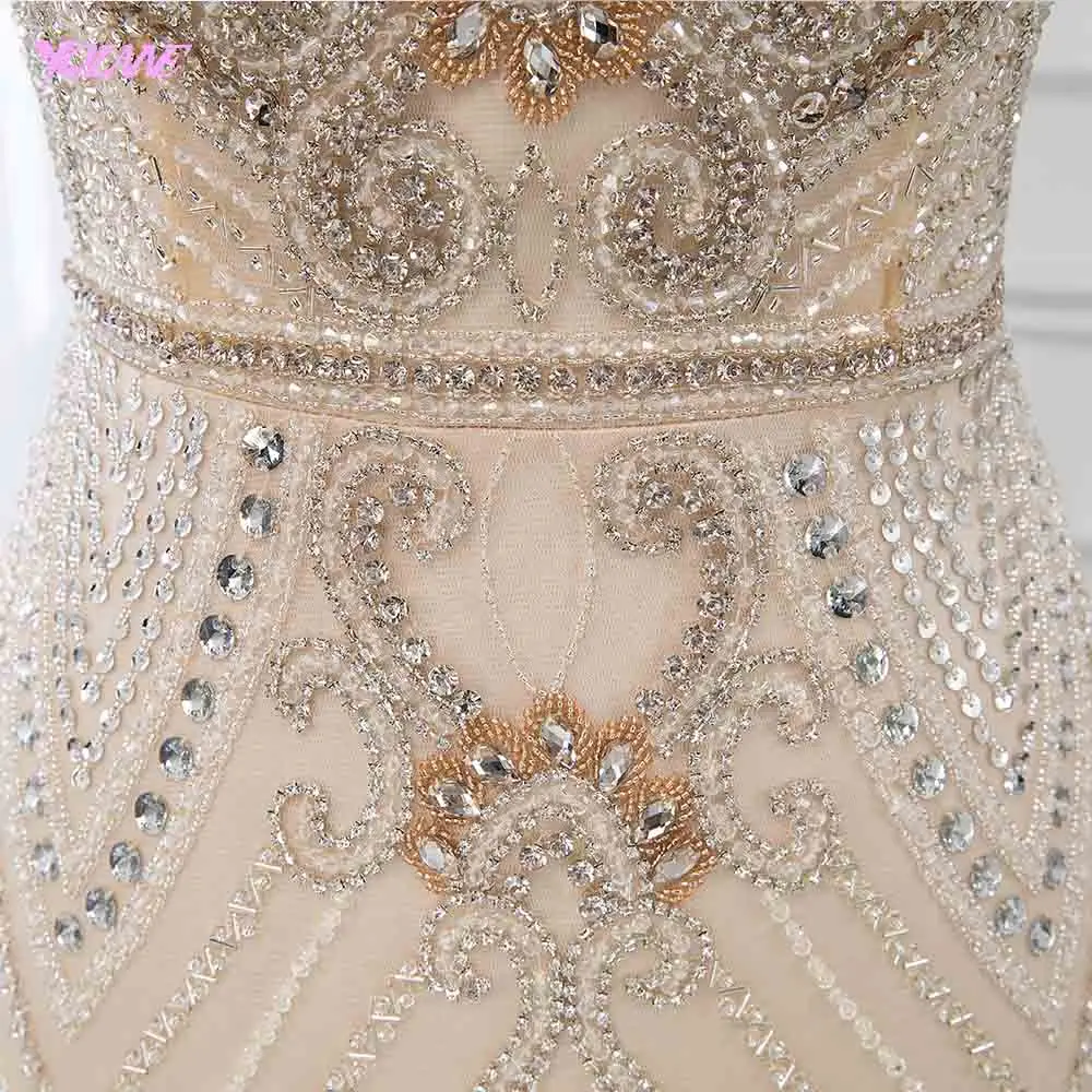 YQLNNE 2019 Luxury Champagne Rhinestones Evening Dresses Long Sleeve Formal Women Gown Mermaid Dress Robe de Soiree