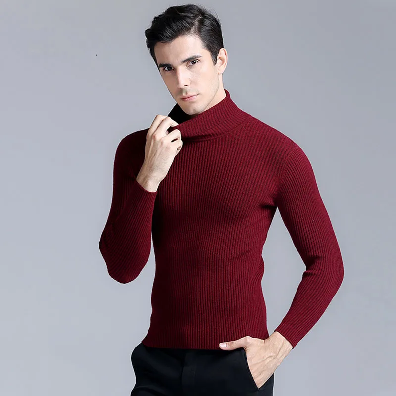Мужская мода пуловер плотный свитер сплошной цвет тонкий водолазка теплые свитера