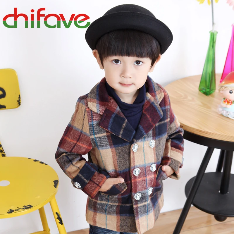 Image 2015 New Autumn Winter Toddler Boys Warm Coats Plaid Turn down Collar Long Sleeve Single Breasted Fashion Outwear Coats for Boy