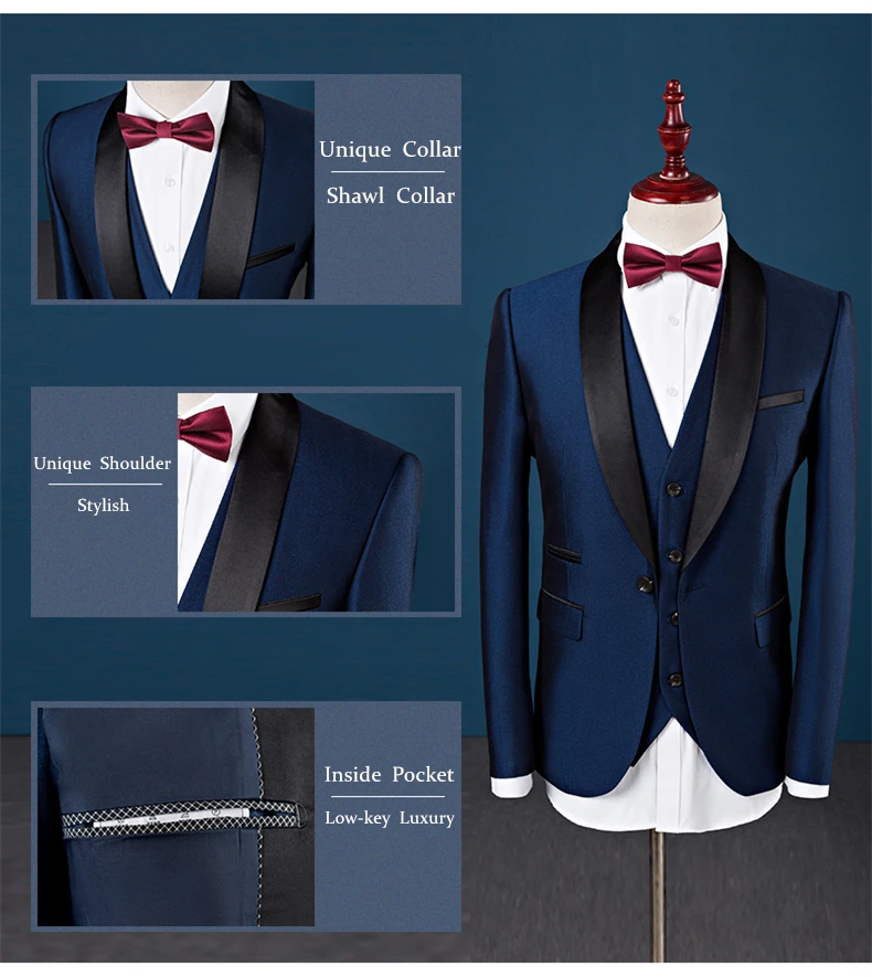 Роскошный мужской костюм 2019 Свадебный костюм мужской шаль воротник комплект из 3 предметов модный мужской деловой Тонкий костюм