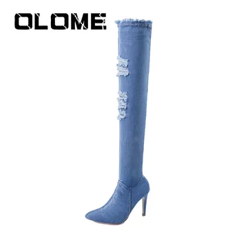 

2019 Summer Fashion Women's Martin Boots Sandals Stiletto Heels Over The Knee Boots Denim Skinny Legs Broken Hole Boots Women