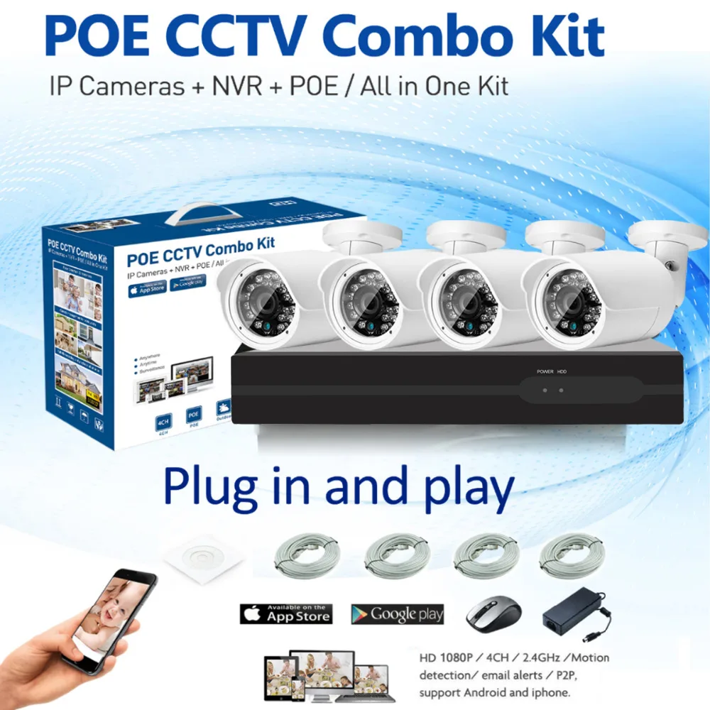 

HD 1080P POE 2.0MP IP Network Security Camera CCTV System 4CH/6CH/8CH HDMI NVR Email Alert P2P Surveillance Kits