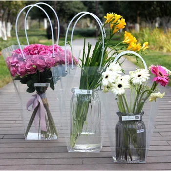 

2018 new arrival t shaped pvc gift bags with handle flower contatiner bag clear plastic handbag supplies transparent hand bags